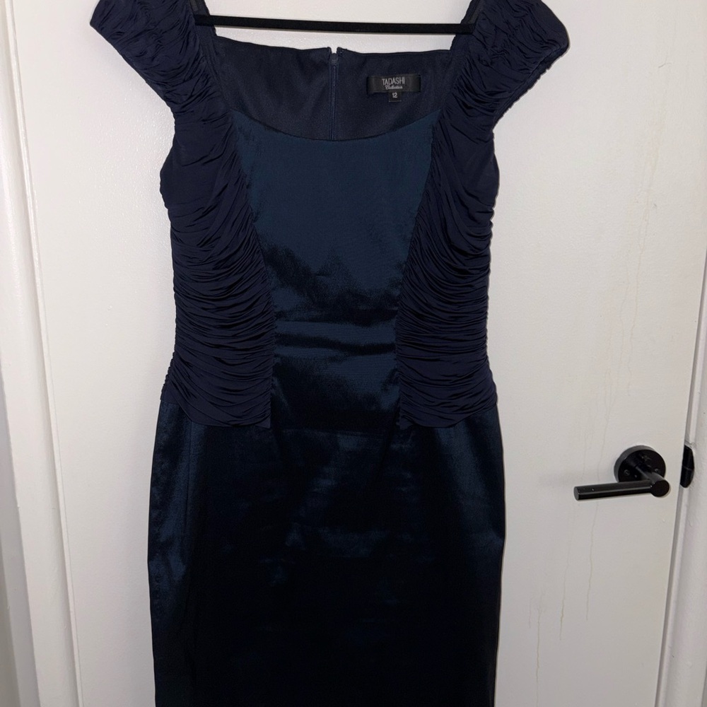 Tadashi Shoji Navy Ruched Midi Dress